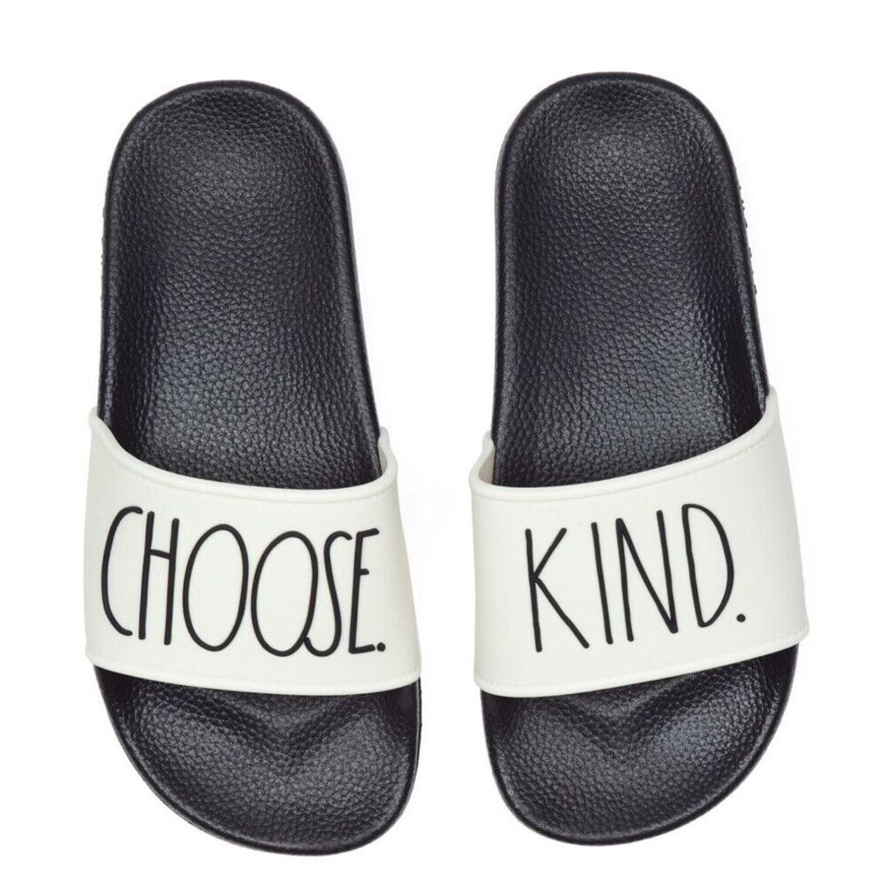 Rae Dunn CHOOSE KIND Slides Black & Ivory Size 8 Sandals New